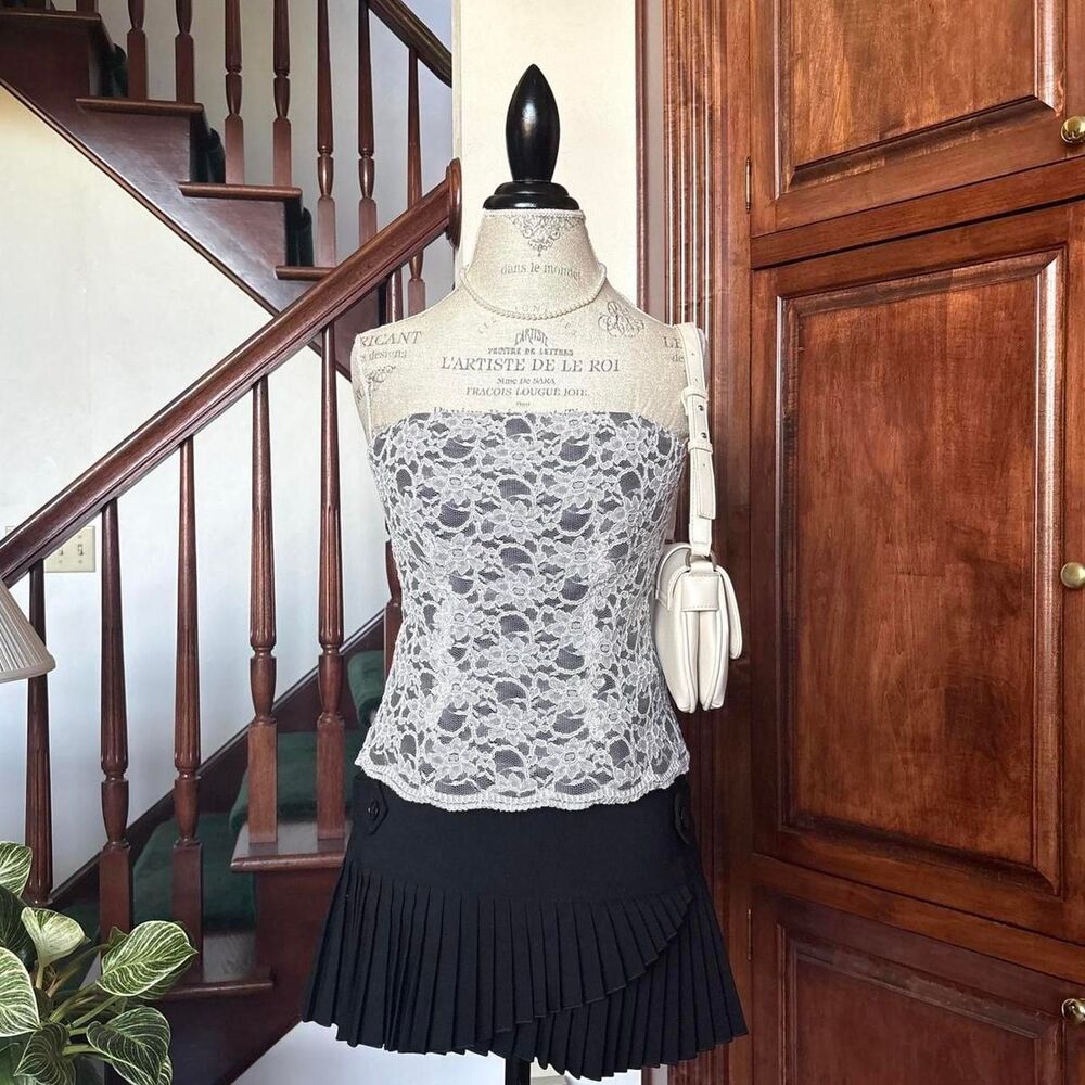 Bari Jay Vintage Corset Blouse Black White Lace Boning 90s Gothic